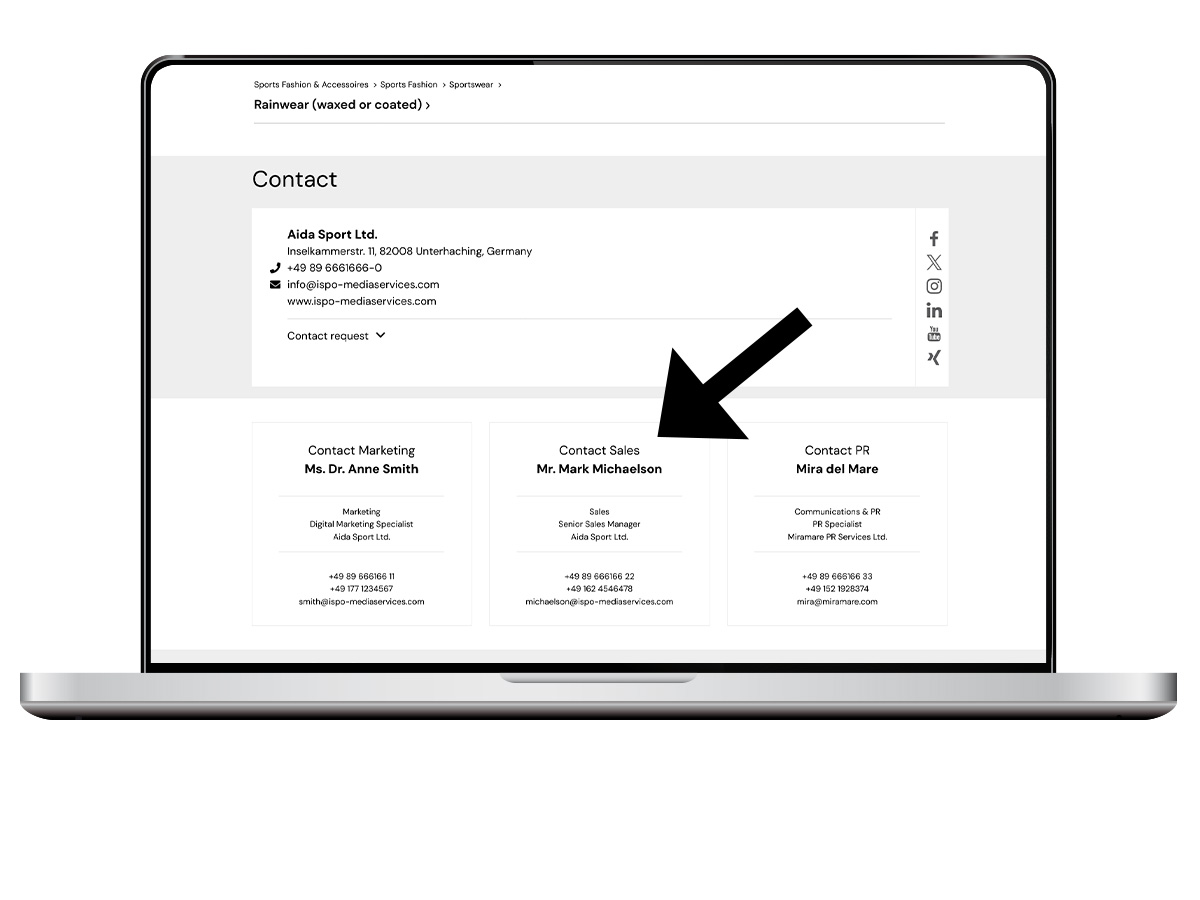 ISPO, Online-Katalog, Contacts Marketing Sales PR